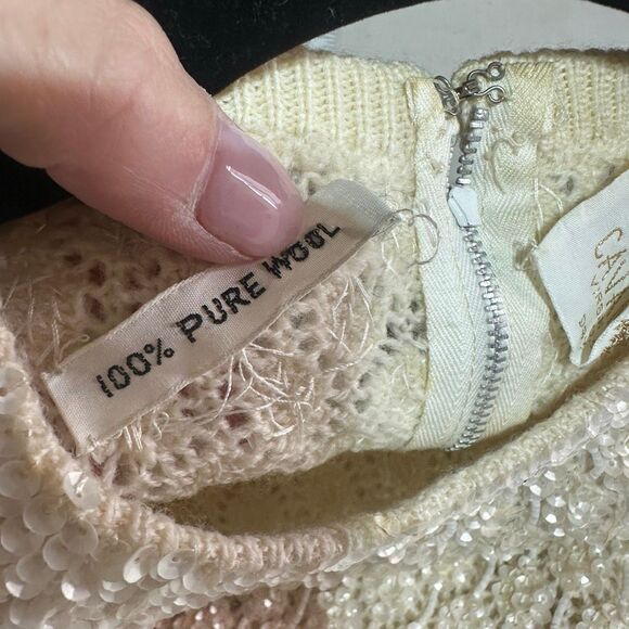 Vintage Handmade Wool Sequin Encrusted Cavanagh’s Off White Sweater Size S Party - Picture 12 of 13